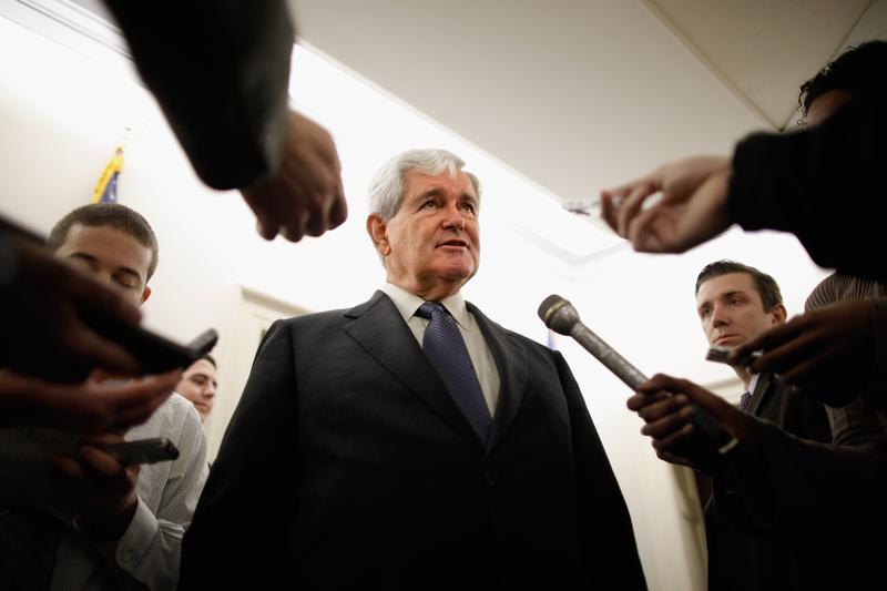 Former Speaker of the House Newt Gingrich (R-GA) talks with reporters after a meeting in the Longworth House Office Building on Capitol Hill March 31, 2011 in Washington, DC.